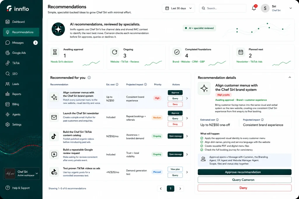 recommendations-screen-innflo-chef-siri-example